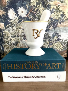 Vintage Owens Illinois Porcelain Pharmacy Apothecary Mortar and Pestle Set 7"h (as found) - some of the gold finish is worn off of the pestle