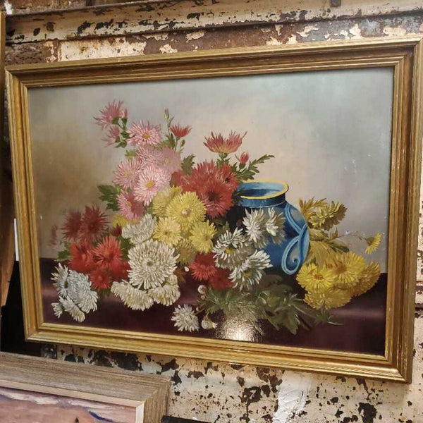 Antique oil painting on board flowers floral blue vase and chrysanthemum