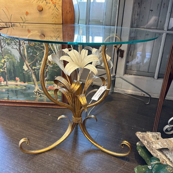 Vintage Italian tole gold gild with white flowers glass top table