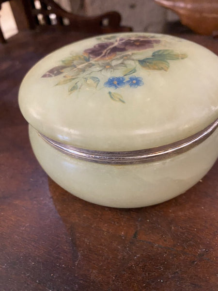 Vintage Floral Alabaster Trinket Box 4.25" Round