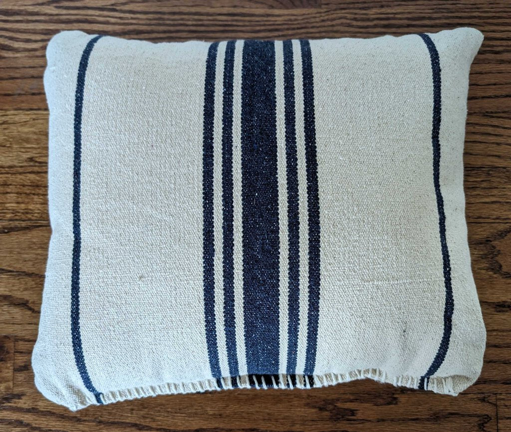 Handmade Navy/Cream Grain Sack Pillow 15x12