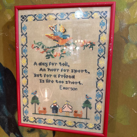 Vintage needlepoint red frame Emerson quote