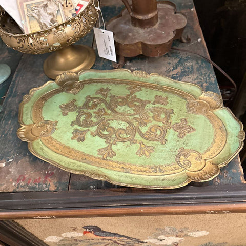 Oblong green and gold Florentine tray 17 inches wide