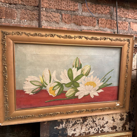 Water lily still life floral painting oil canvas gold frame