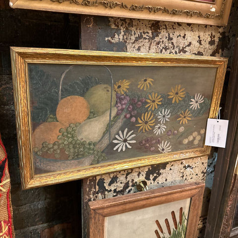 Antique floral and fruit oil painting on board gold frame