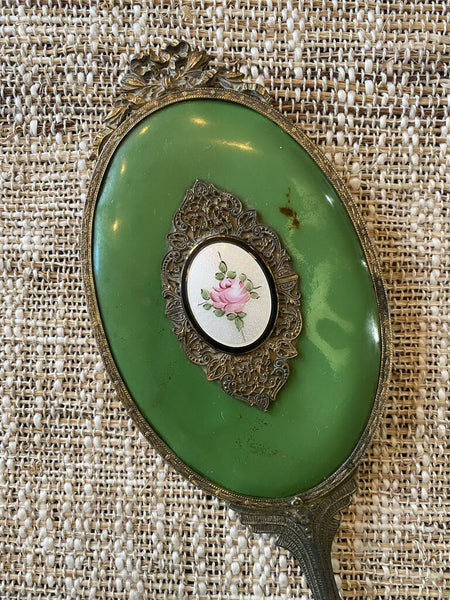 Antique Green Filigree Hand Mirror w/Roses