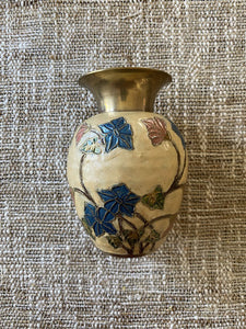Vintage Enamel and Brass Cloisonne Floral Vase India 5.5H