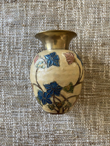 Vintage Enamel and Brass Cloisonne Floral Vase India 5.5H
