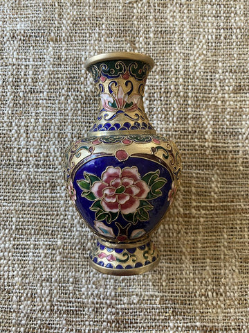 Vintage Cloisonne Enamel Vase w/ Flowers 6.5H