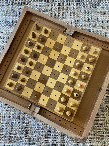 Antique Wood Miniature Traveling Chess Set