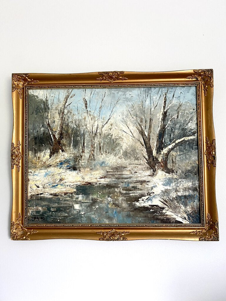 Signed Winter Scene Oil on Board Painting in Gilt Frame