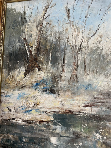 Signed Winter Scene Oil on Board Painting in Gilt Frame