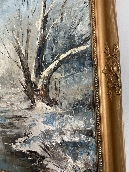 Signed Winter Scene Oil on Board Painting in Gilt Frame