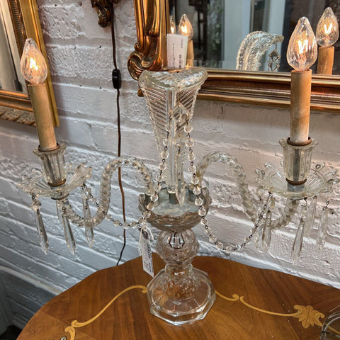 Antique Pressed Glass & Cut Crystal Candle Lamp with Serpentine Arms & Feather Detail