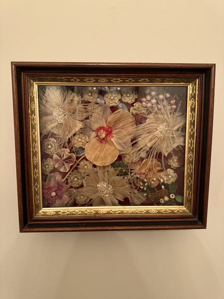 Vintage Victorian Silk Flowers in a Shadowbox Frame w/old glass