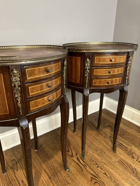 PAIR ANTIQUE FRENCH LOUIS XV SIDE TABLES/NIGHTSTANDS 28 3/4"H X 17 1/4"W X 13"D. IN STORE PICKUP ONLY. SWOON V.M.