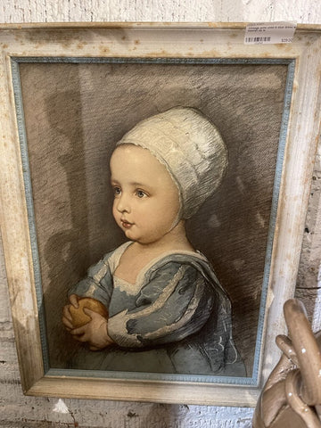 Vintage print child in blue dress & bonnet as is