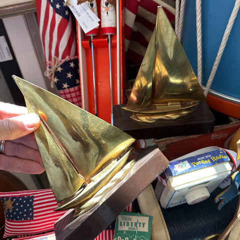 Vintage brass and marble ship bookends