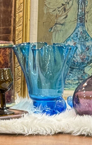 Blue ruffled glass vase mcm style