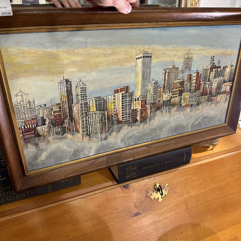 Vintage framed cityscape painted on board as is