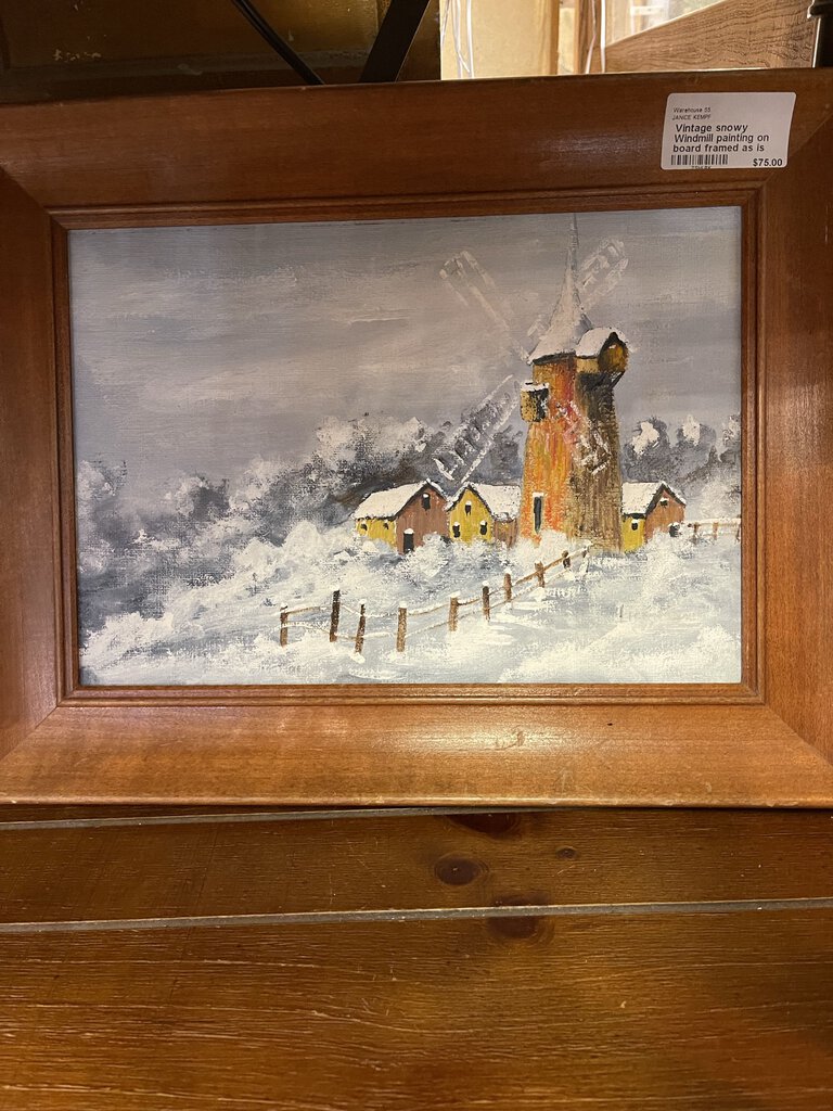 Vintage snowy Windmill painting on board framed as is