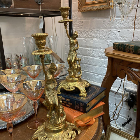 Art Nouveau Brass Goddess Candlesticks Pair 12 1/2" Tall