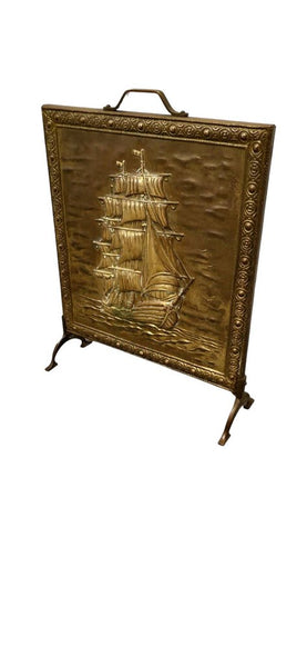 1920's Brass Tall Ships Fireplace Screen 19" x 25"