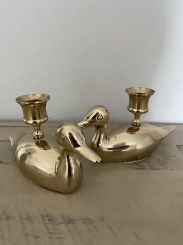 Vintage Brass Duck Candleholders (Pair) 6" x 3"