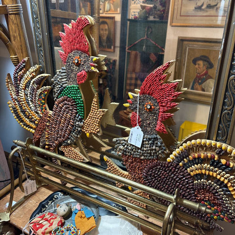 Pair of folk art seed roosters