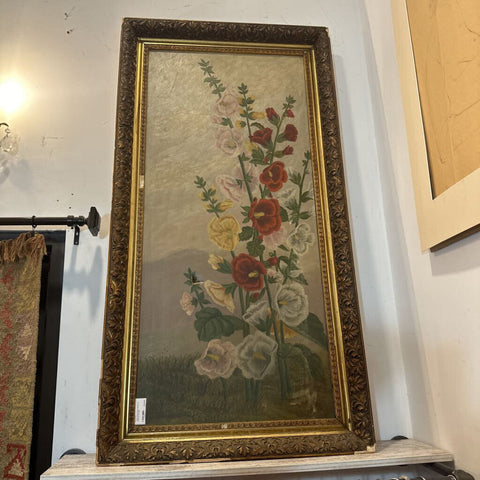 Large antique floral painting as found has damage