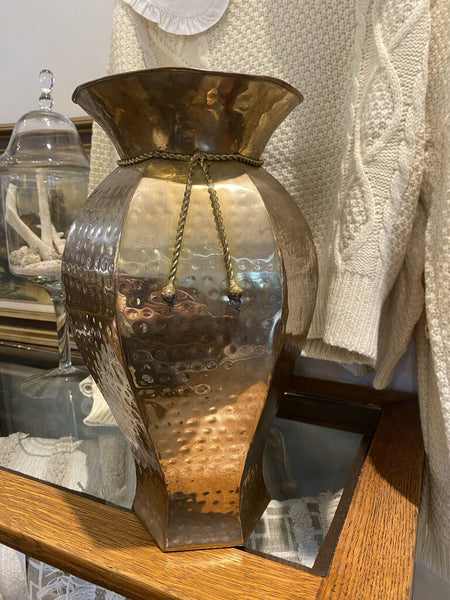 Vintage Hammered Brass Vase w/ Rope Detail 9" x 16'