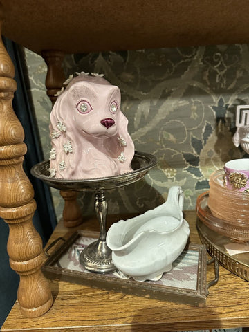 In store pick up only 1950'S LEFTON LURID PINK DOG PLANTER SPAGHETTI FLOWERS RHINESTONE EYES as found