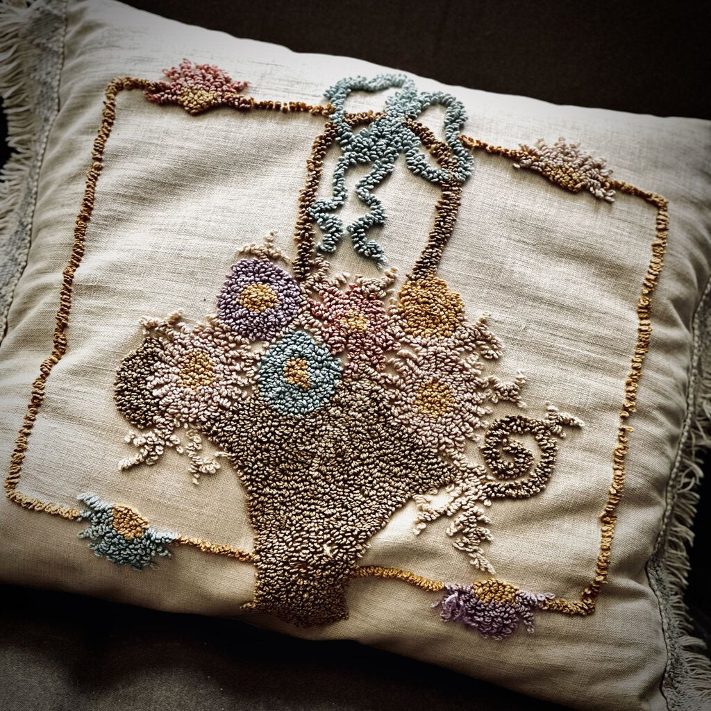 HAND EMBROIDERED PILLOW 20 1/2" X 15 1/2"