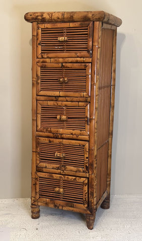 5-DRAWER BAMBOO CHEST. 34 1/2"H X 13 1/2"W X 11 1/2"D. IN-STORE PICKUP ONLY. Swoon