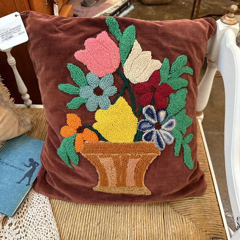 VINTAGE HANDEMADE EBROIDERED FLORAL ON VELVET PILLOW. OPEN ON BOTTOM, AS FOUND. ADDED NEW DOWN PILLOW