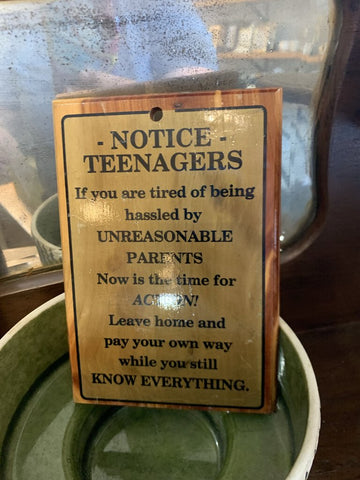 Vintage "Notice to Teenages" Sign on Cedar Board- 5" w x 7.25" t