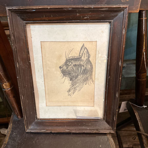Vintage cat sketch art in old frame
