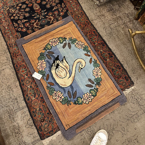 Antique Swan hooked rug