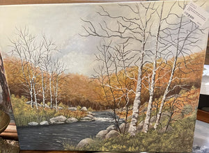 Vintage fall landscape white birch trees painting on canvas unframed as is