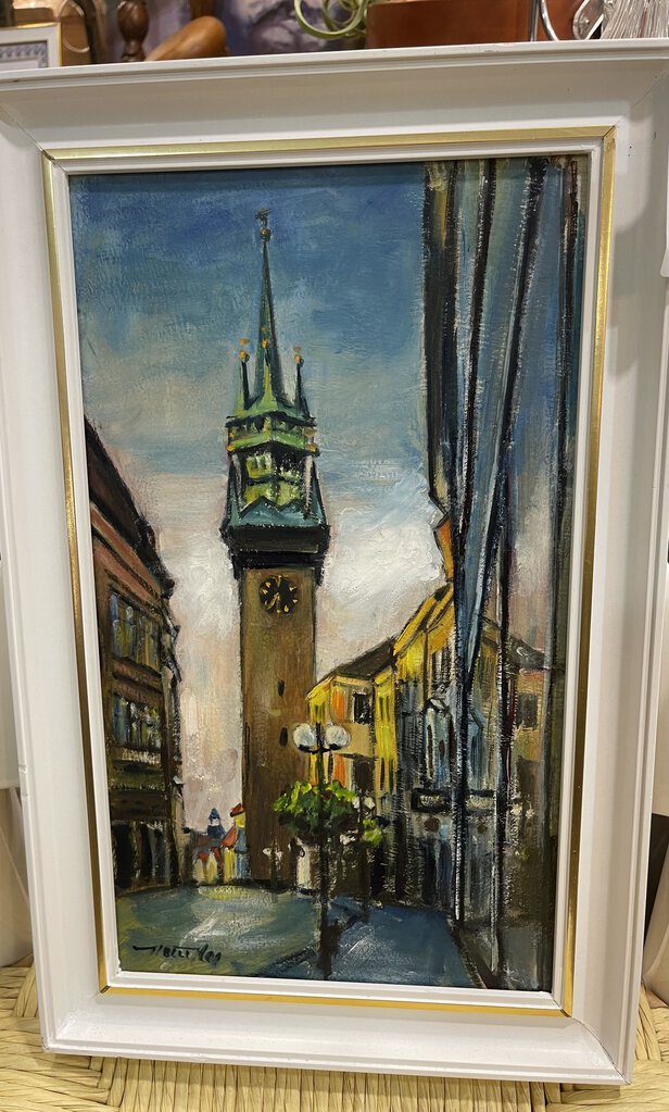 VINTAGE FRAMED SIGNED PAINTING EUROPEAN STREET SCENE AS IS 18 IN HIGH X 11 1/2 IN WIDE