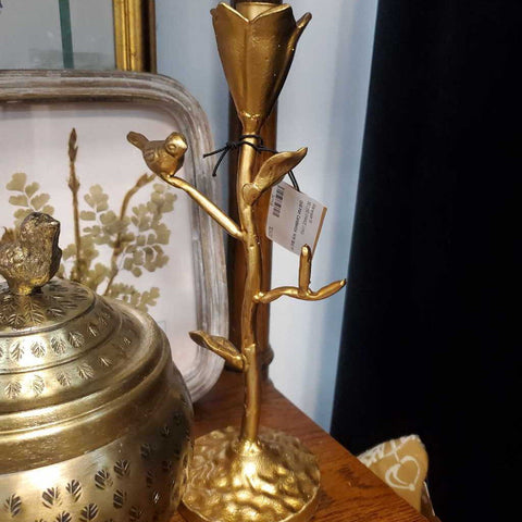 Gold Iron Candlestick With Bird 11"