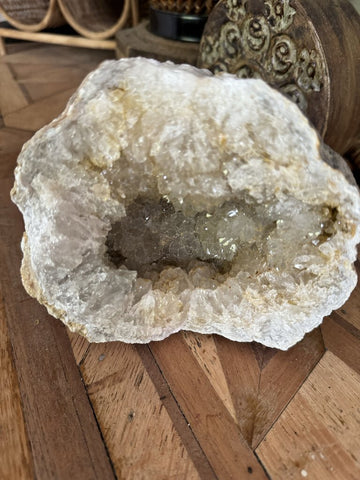 Gemmy Quartz Geode w/Prismatic Calcite Crystal