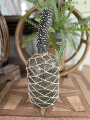 Green Glass Bottle w/ weaved rope & feather