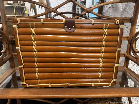 Vintage Rattan Basket w/ Handle Lady Bug Lining 19L 8H 13D