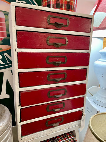 Jens Fresh Vintage ~ Vintage handmade red drawer cabinet .20 inches tall , 13 wide .