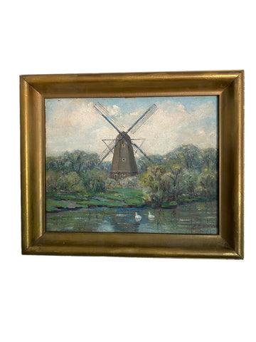 Antique Oil on Board Signed Windmill Painting 15" x 17"