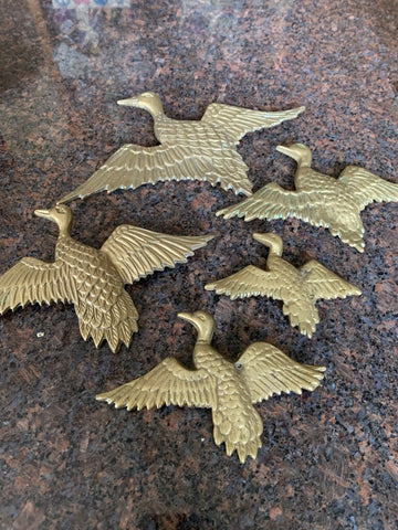 Set of 5 vintage brass geese/ducks in flight
