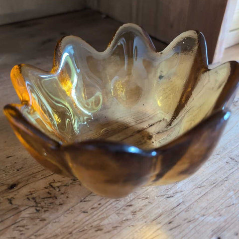 Vintage Gold MCM Heavy Glass Bowl w/ Scalloped Rim 6 in