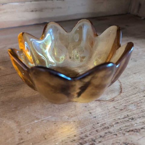 Vintage Gold MCM Heavy Glass Bowl w/ Scalloped Rim 6 in