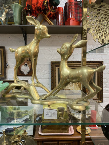 Playful Brass Deer Pair on Platform W1551